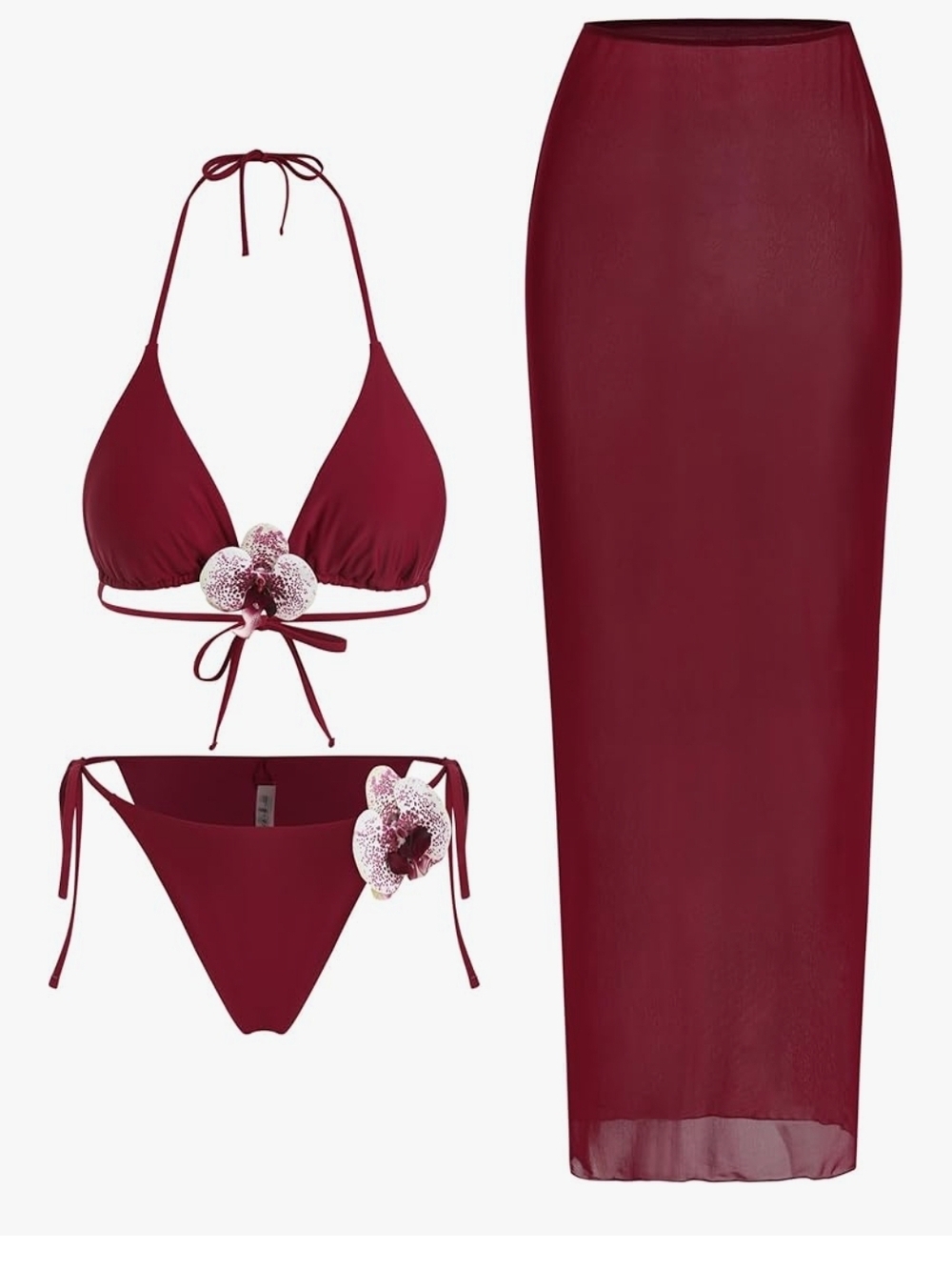 Burgundy Women’s Triangle Bikini Set with Sheer Sarong